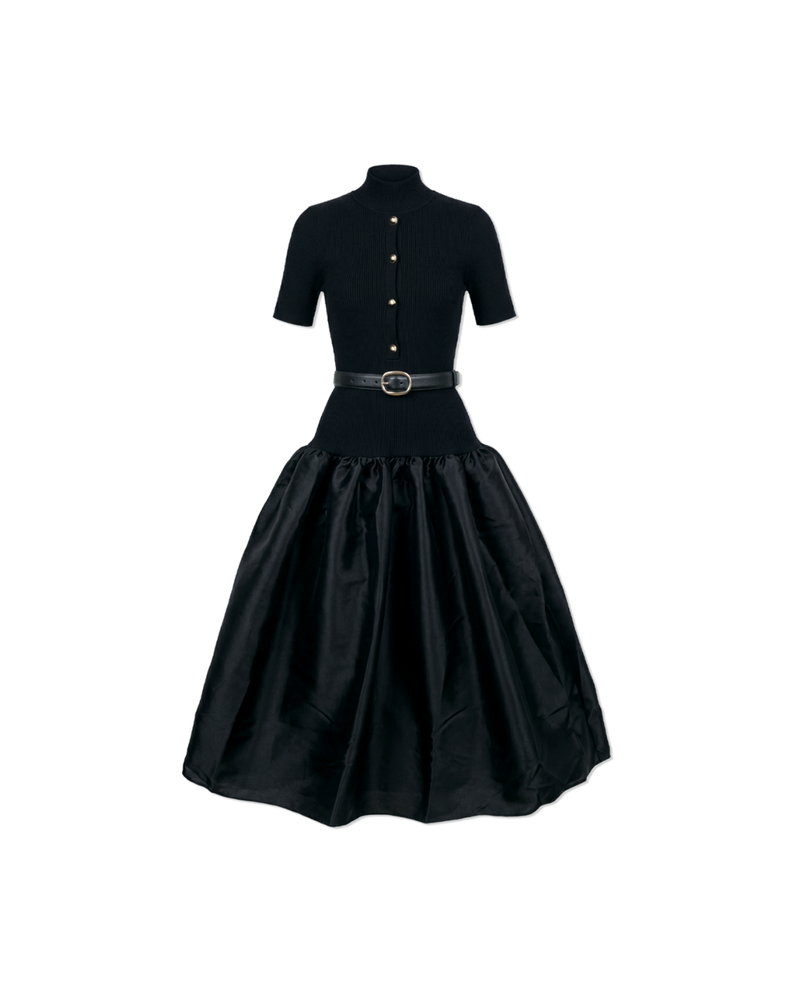 Black Knit Taffeta Midi Dress