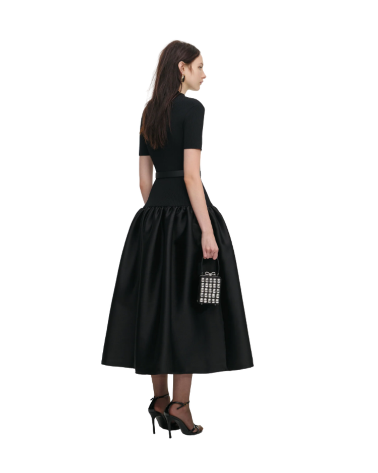 Black Knit Taffeta Midi Dress