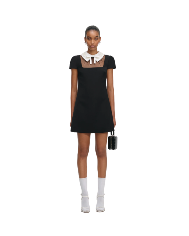 Black Crepe Bow Collar Mini Dress