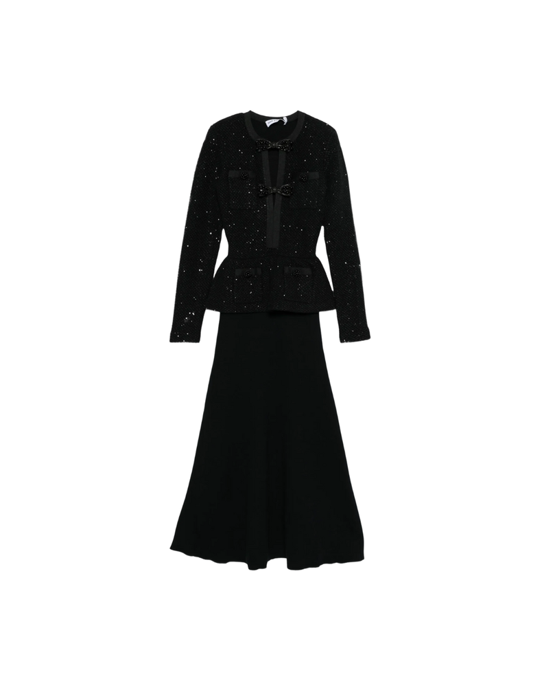Black Sequin Knit Tailored Midi Dress