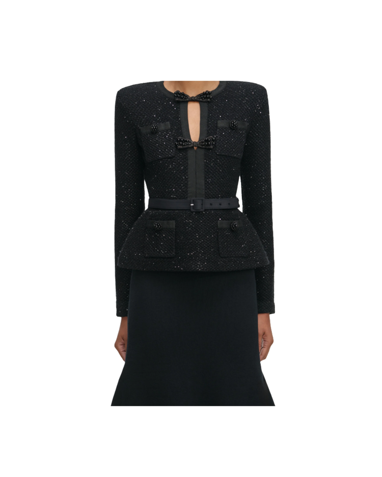 Black Sequin Knit Tailored Midi Dress