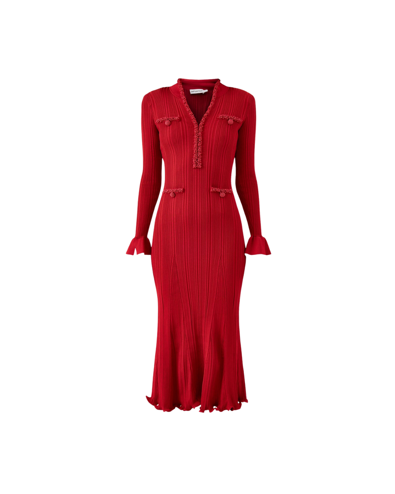 Red Pearl Trim Knit Midi Dress