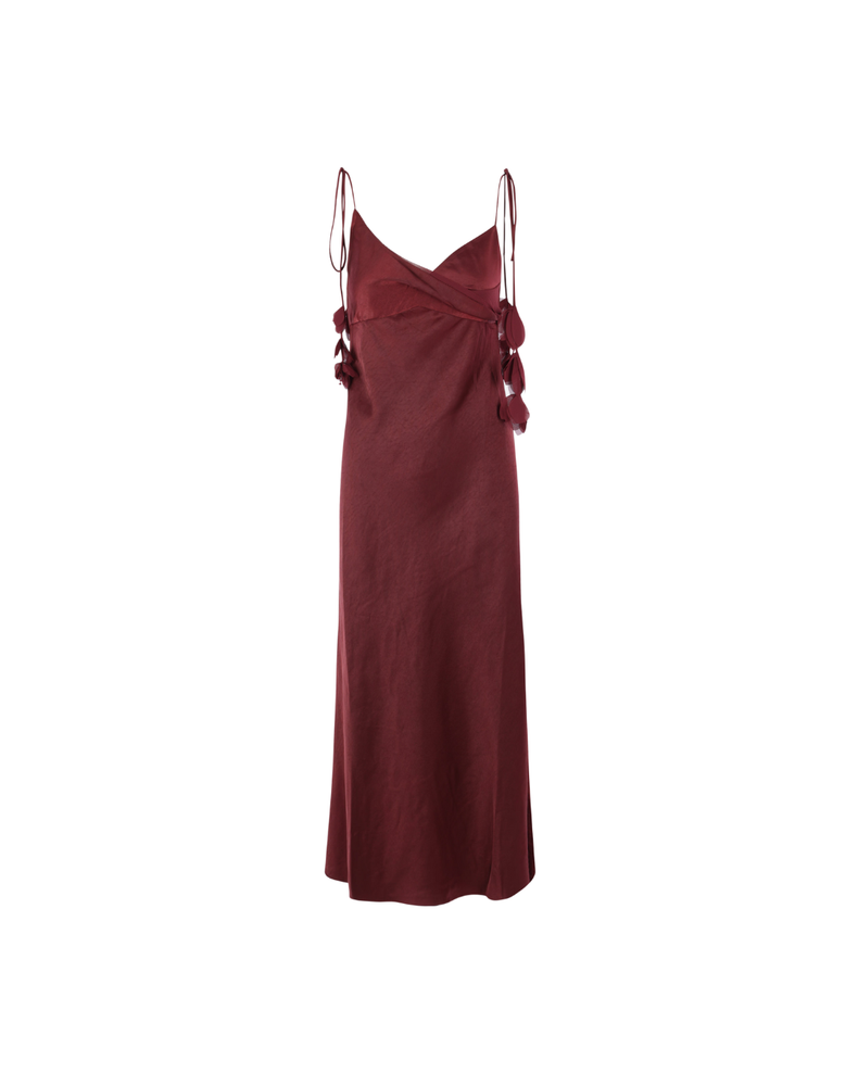 Burgundy Satin Flower Midi Dress