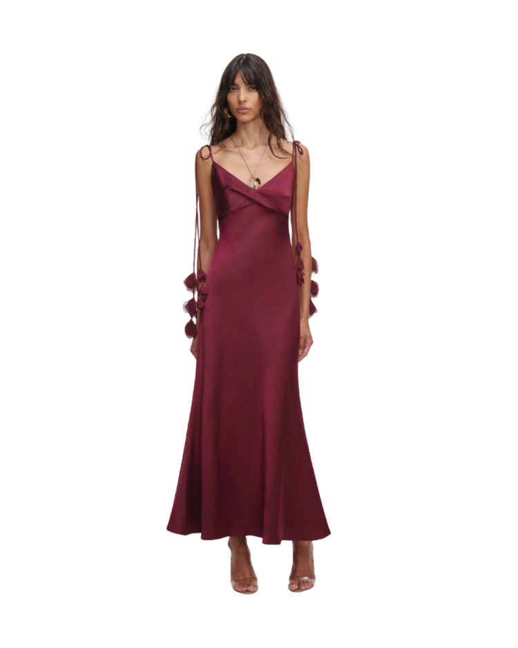 Burgundy Satin Flower Midi Dress