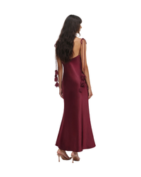 Burgundy Satin Flower Midi Dress