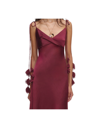 Burgundy Satin Flower Midi Dress
