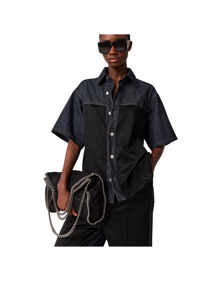 Satin Panel Short-Sleeve Denim Shirt