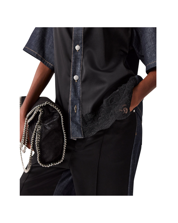 Satin Panel Short-Sleeve Denim Shirt