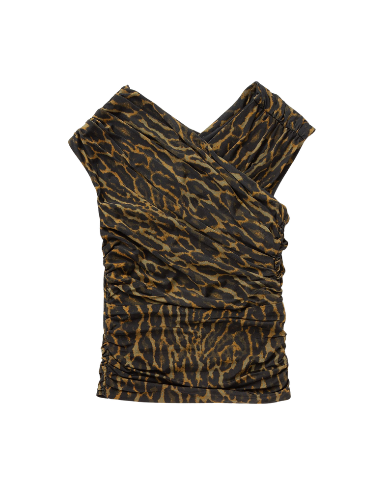 Printed Shiny Jersey Sleeveless Ruched Blouse