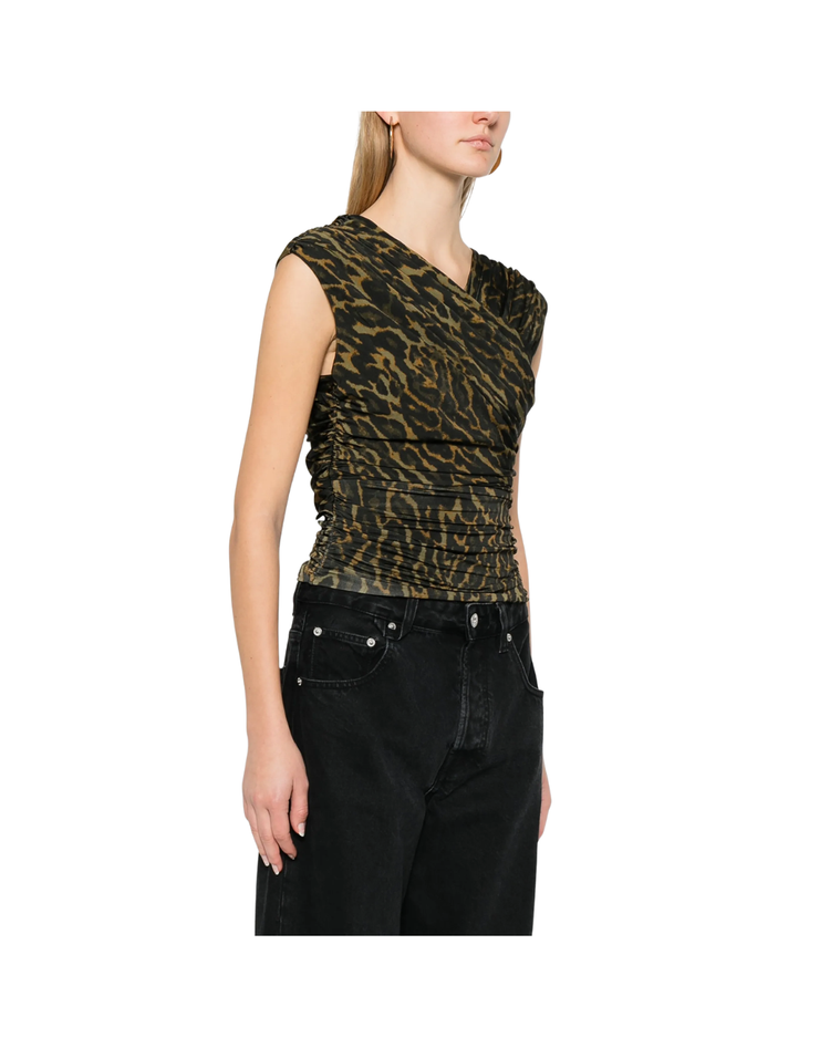 Printed Shiny Jersey Sleeveless Ruched Blouse