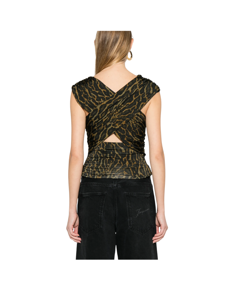 Printed Shiny Jersey Sleeveless Ruched Blouse