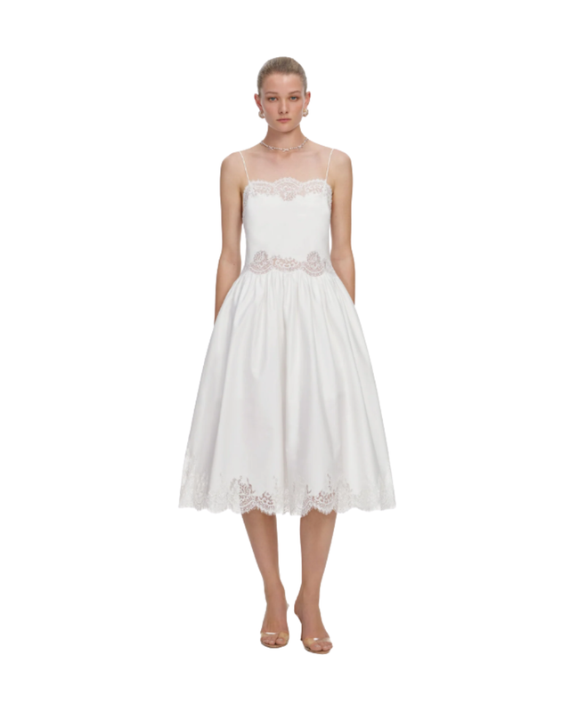 White Cotton Lace Trim Midi Dress