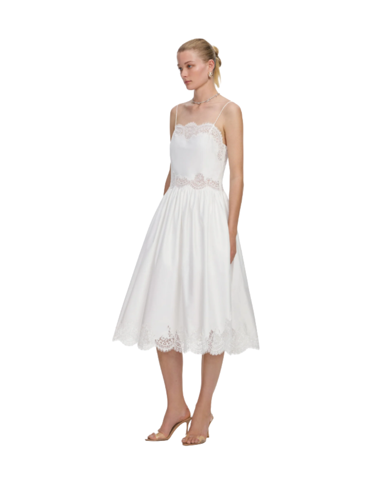 White Cotton Lace Trim Midi Dress