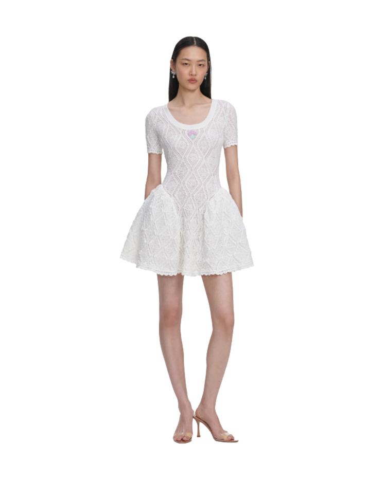 White Pointelle Knit Flared Mini Dress
