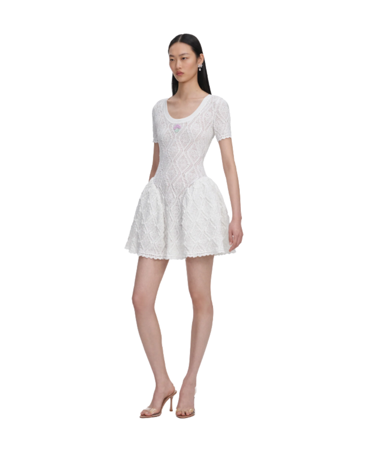 White Pointelle Knit Flared Mini Dress