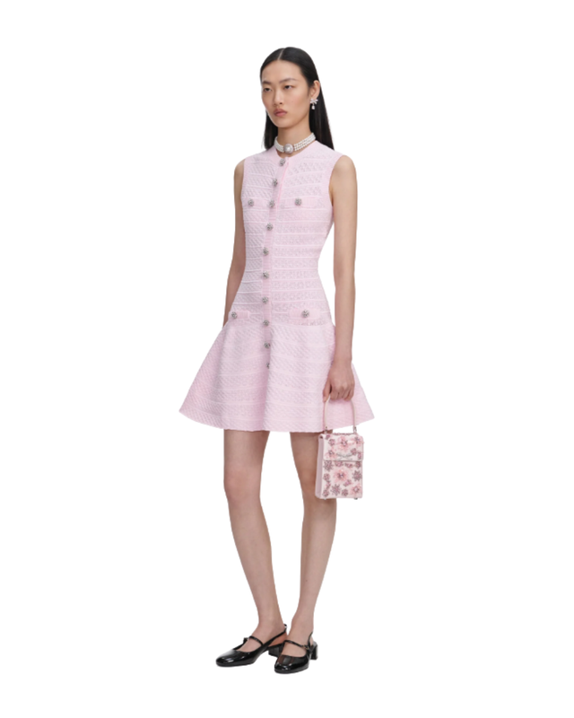 Pink Pointelle Diamante Knit Mini Dress