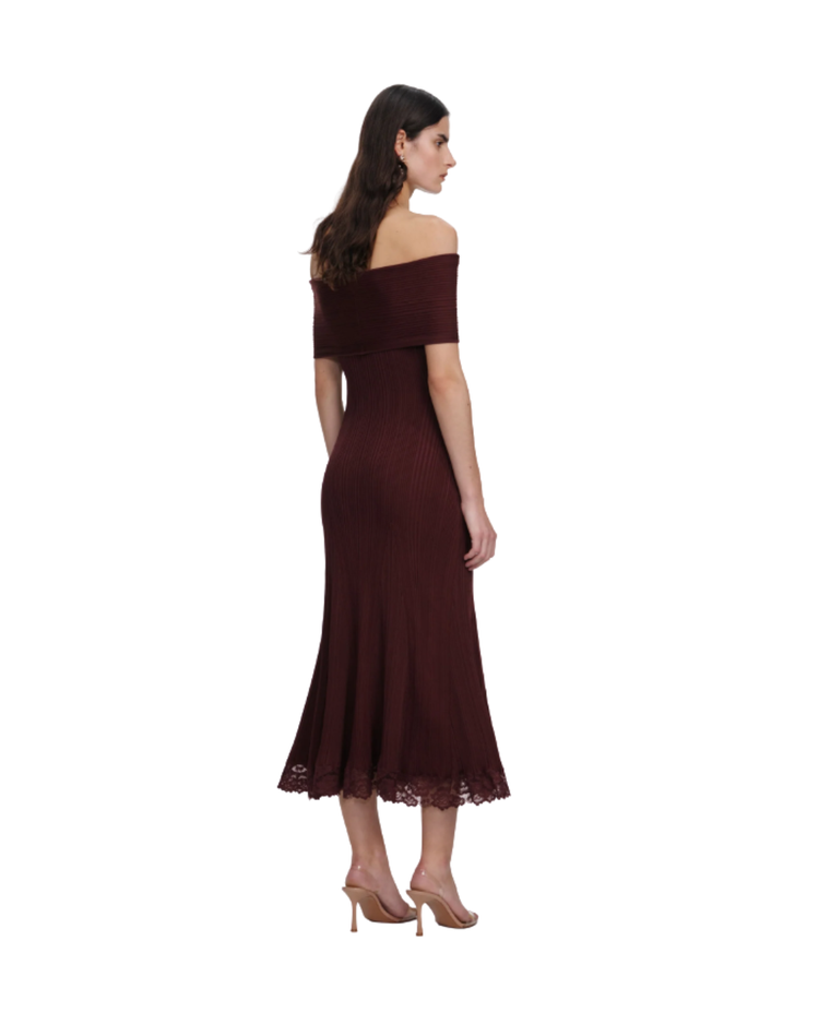 Burgundy Knit Lace Insert Midi Dress