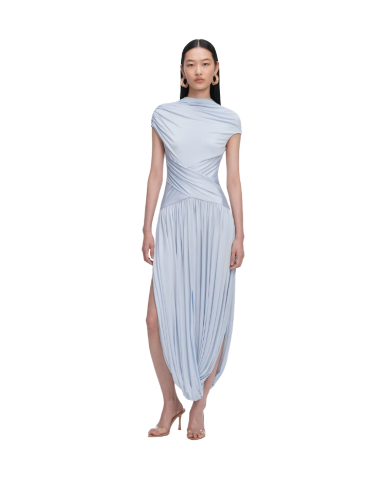 Blue Jersey Gathered Midi Dress