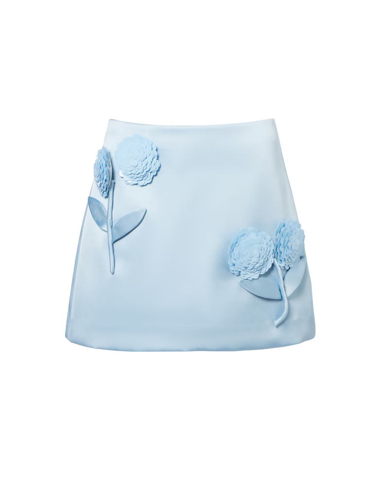 Blue Satin 3D Sequin Flower Mini Skirt