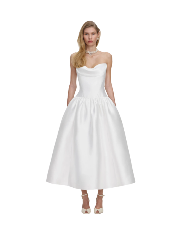 White Taffeta Strapless Midi Dress
