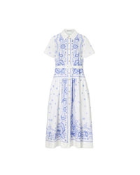 White And Blue Embroidered Midi Dress