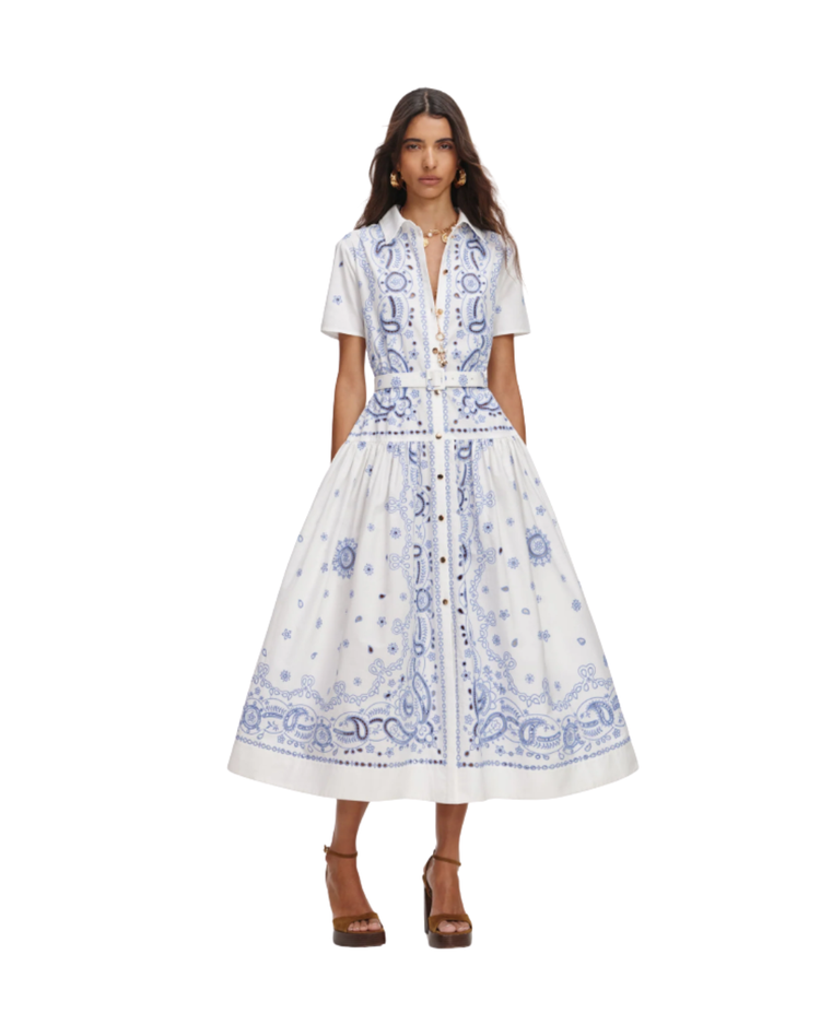 White And Blue Embroidered Midi Dress