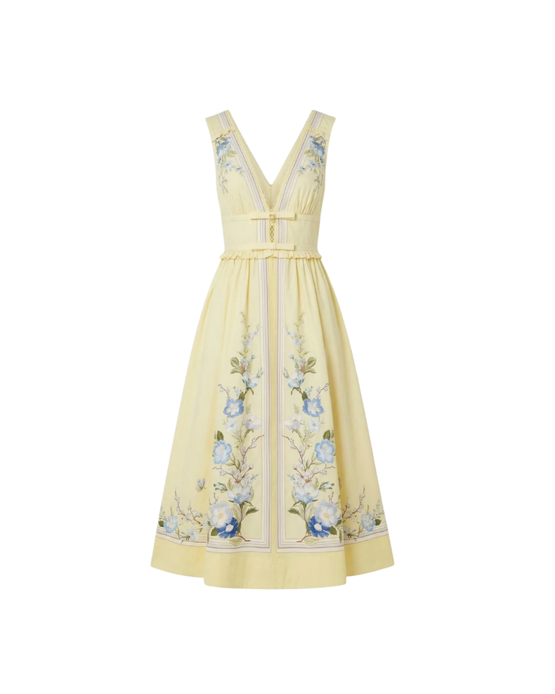 Yellow Floral Cotton Midi Dress