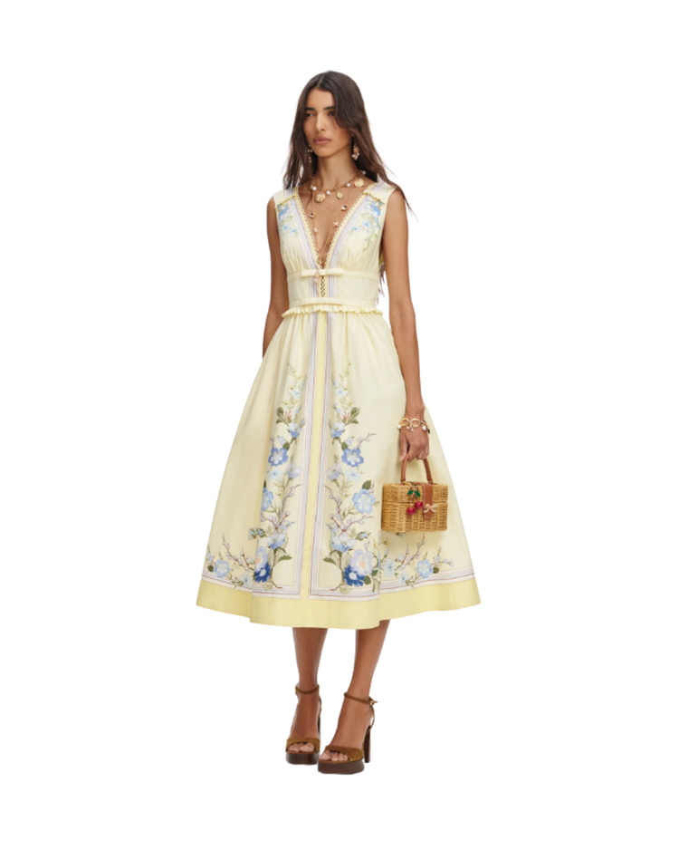 Yellow Floral Cotton Midi Dress