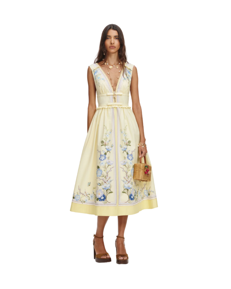 Yellow Floral Cotton Midi Dress