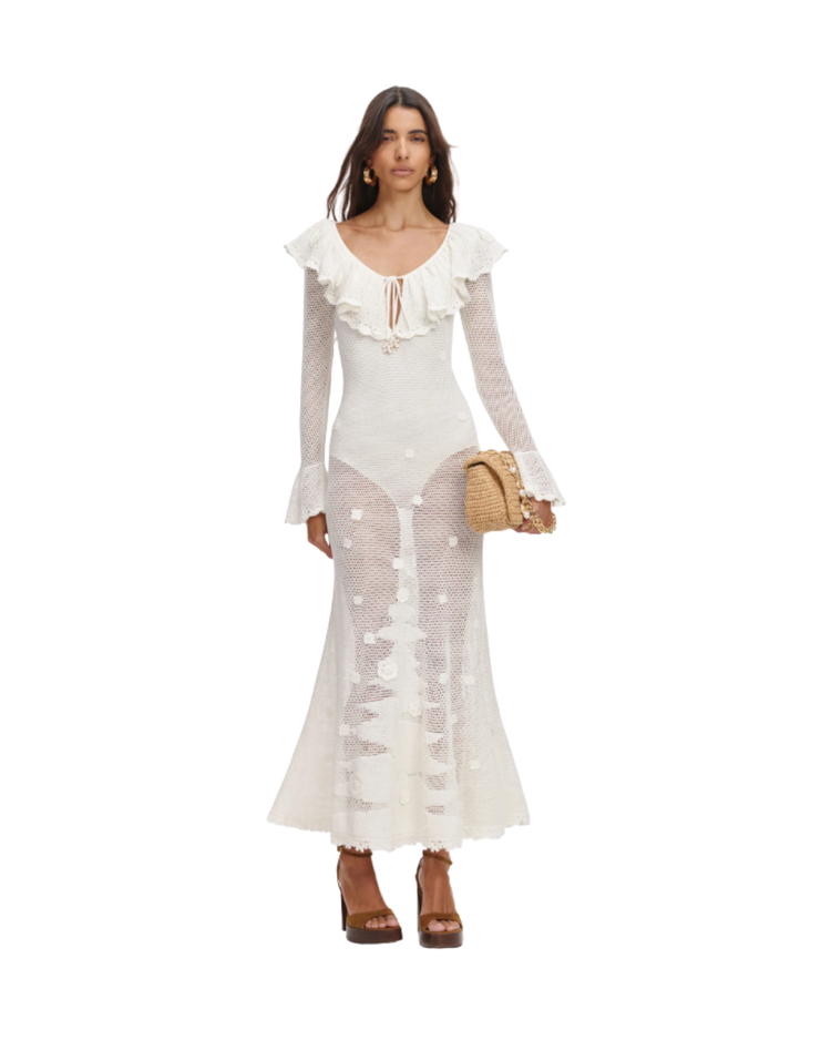 White Floral Crochet Midi Dress