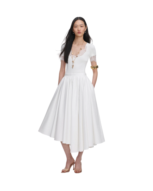 White Cotton Poplin Midi Skirt
