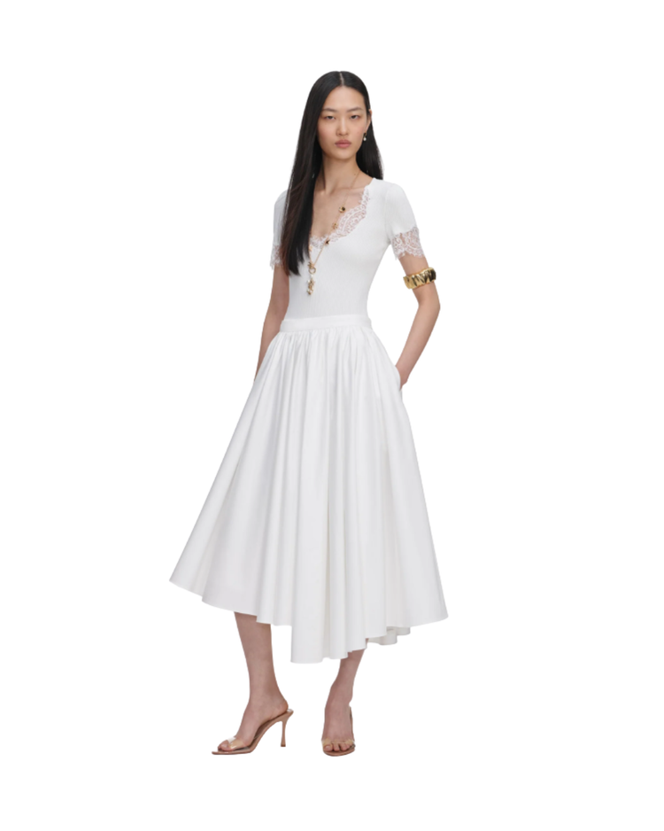 White Cotton Poplin Midi Skirt