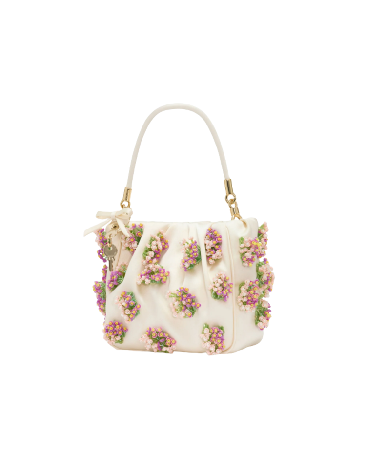 Cream Satin Floral Beaded Tote Bag