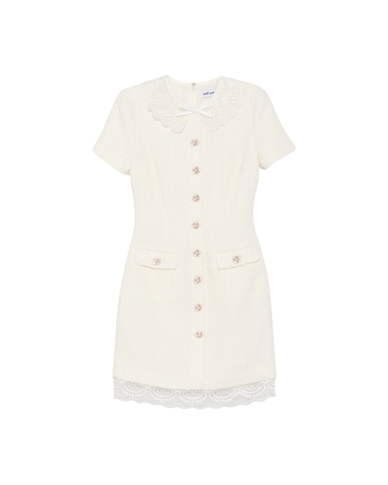Cream Boucle Lace Trim Tailored Mini Dress