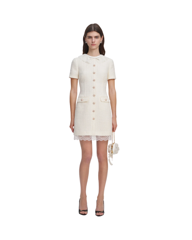 Cream Boucle Lace Trim Tailored Mini Dress