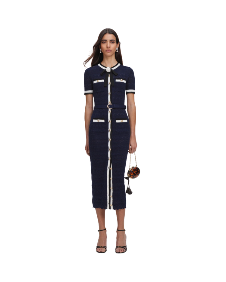 Navy Pointelle Knit Midi Dress