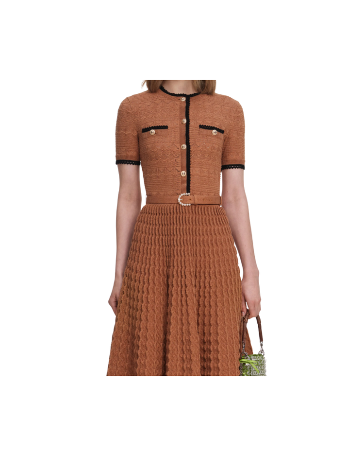 Brown Pointelle Knit Midi Dress