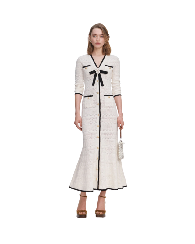 White Pointelle Knit Long Cardigan