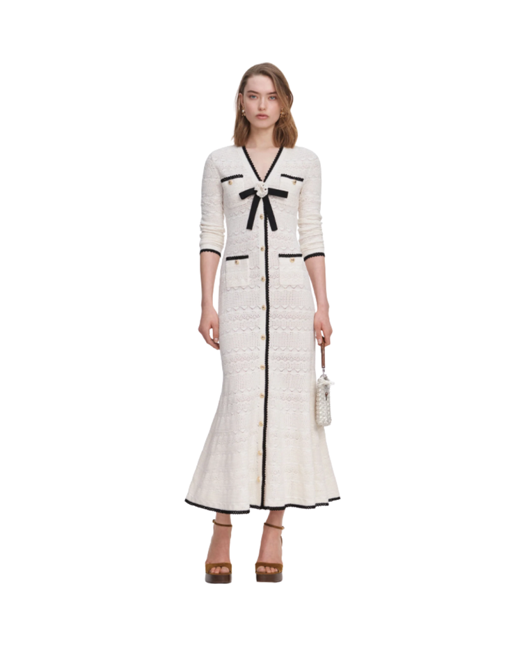 White Pointelle Knit Long Cardigan