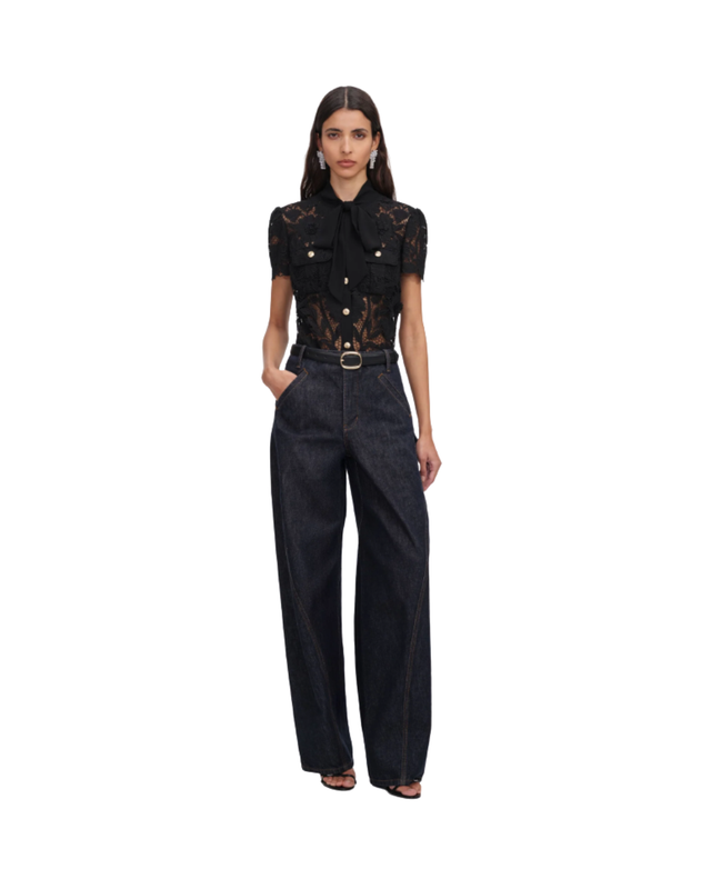 Black Lace Tie Neck Top