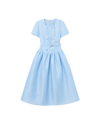 Blue Button Front Taffeta Midi Dress