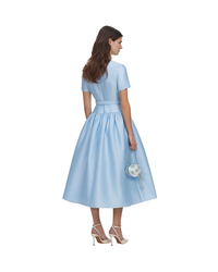 Blue Button Front Taffeta Midi Dress