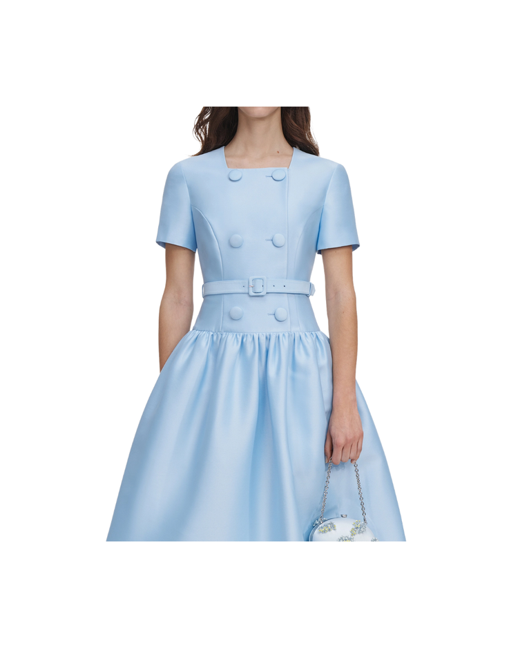 Blue Button Front Taffeta Midi Dress