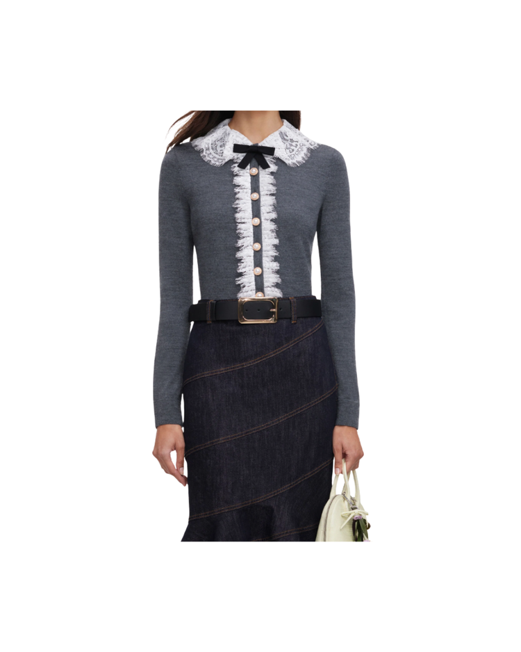 Grey Lace Collar Knit Cardigan