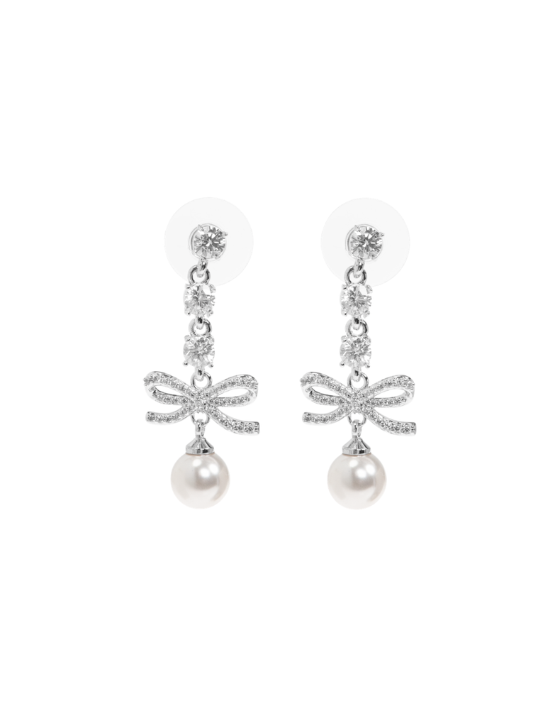 Bow Crystal Charm Earring Silver