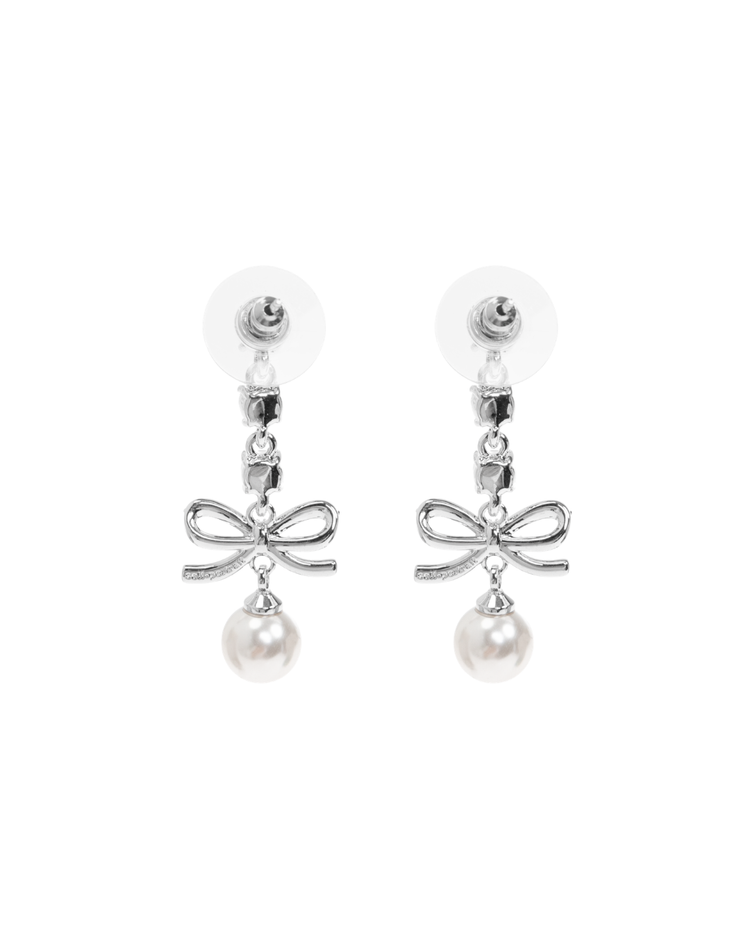 Bow Crystal Charm Earring Silver