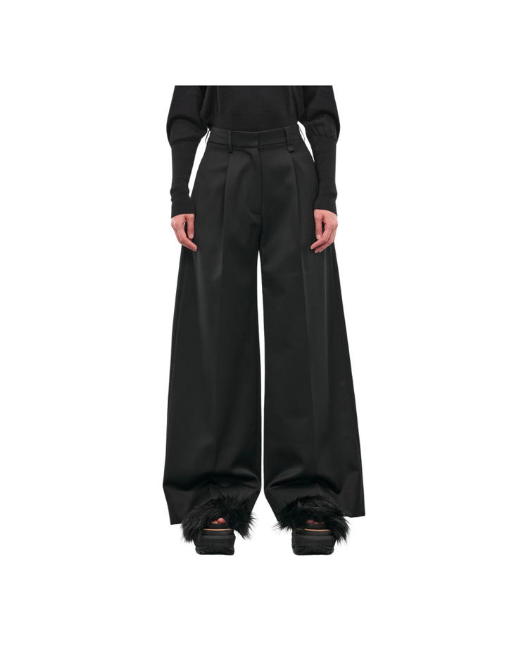 Pleated Wide Leg Trousers W/ Faux Fur Welt Pocket