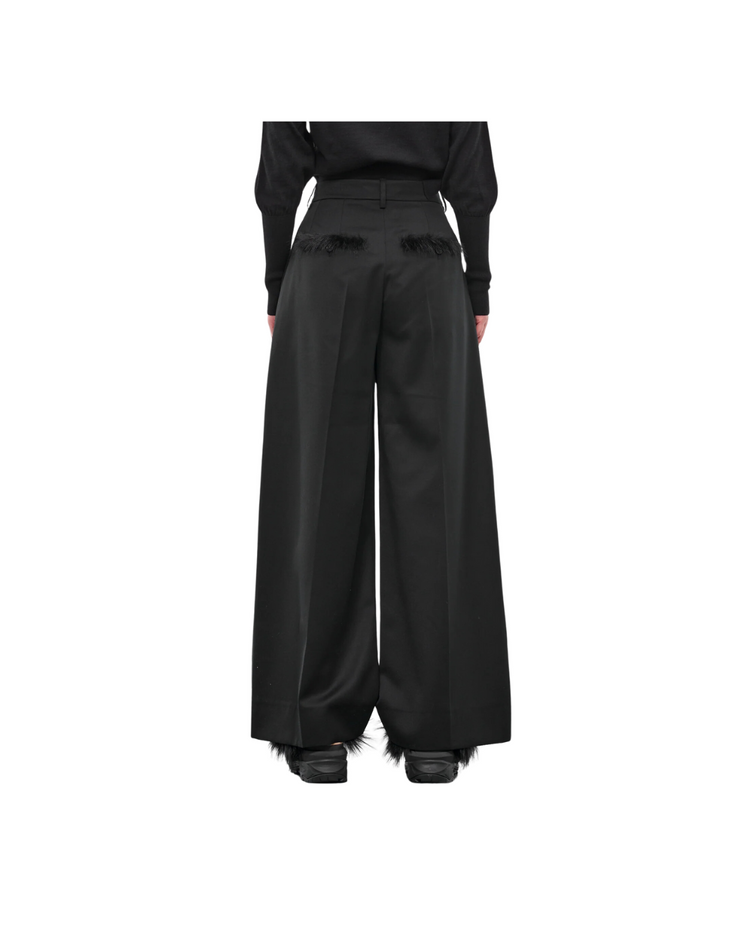 Pleated Wide Leg Trousers W/ Faux Fur Welt Pocket