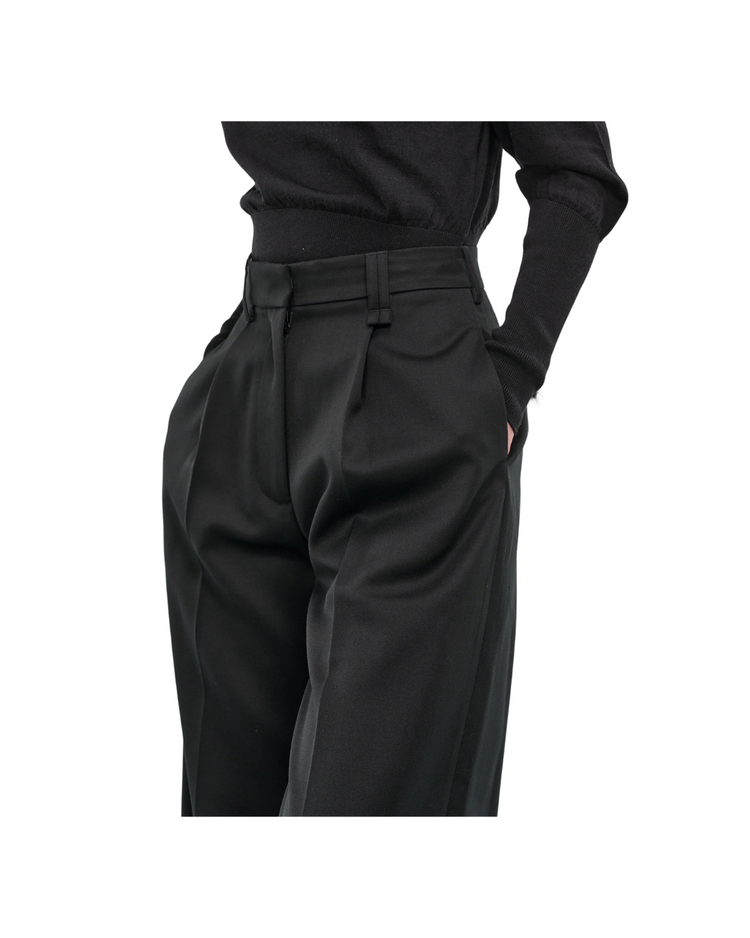 Pleated Wide Leg Trousers W/ Faux Fur Welt Pocket