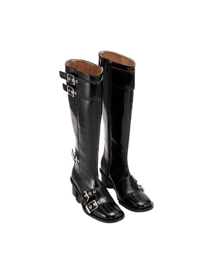 Black Feminine Buckle High Boots